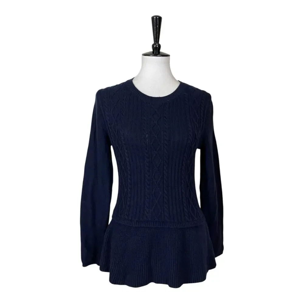 Talbots Sweater Cable Knit Crew Neck Peplum Navy Blue Women’s Size Medium